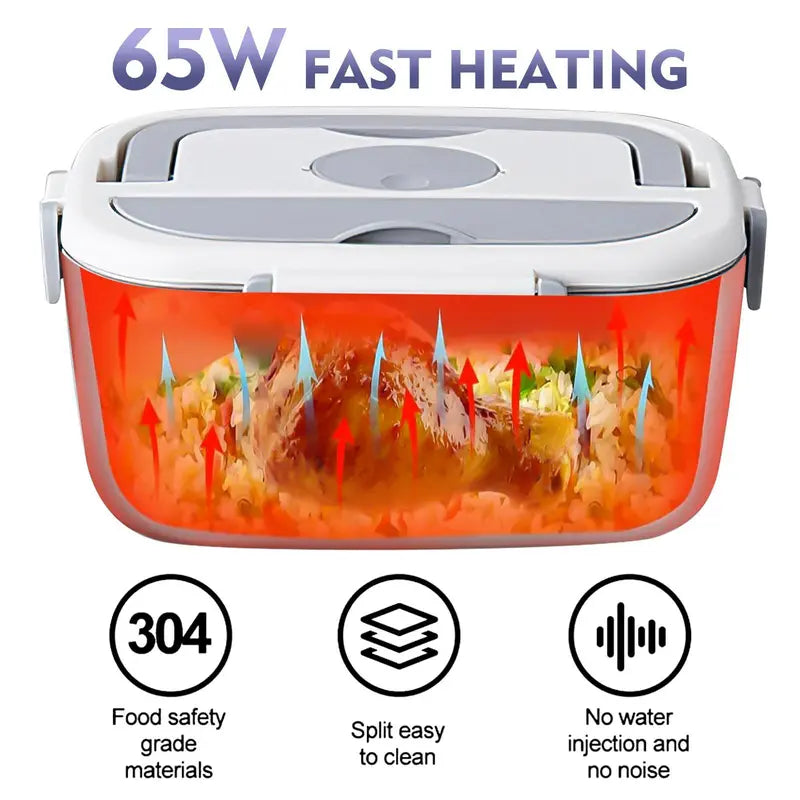 Modern Stainless Steel Insulated Heated Lunch Box with Tray, Lid, Plastic Fork, Spoon, Insulated Bag & Tableware Bag - 12V-24V Car Portable Food Warmer with 2 Different Plugs, 360° Even Fast Heat, Temperature-Controlled for Truck Drivers, Travel