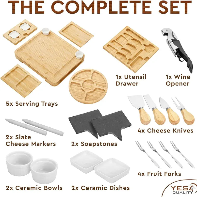 Yes4Quality Large Size Bamboo Charcuterie Board Gift Set - 15-Piece Deluxe or 23-Piece Premium Set with Juice Groove, Fruit Tray, Cheese Knives, Ceramic Bowls, Wine Opener, Organized Layout Utensil Drawer, Dishwasher-Safe Tableware, Adult Kitchen Decor, R