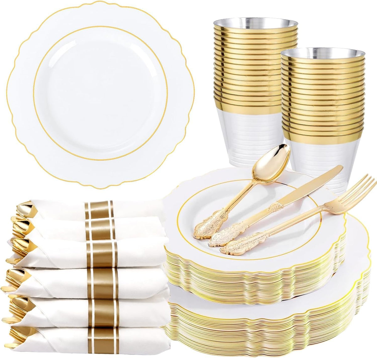 Liacere 350PCS Gold Plastic Plates-Disposable White and Gold Plates Baroque Plastic Dinnerware include 100Plates, 50Pack Pre Rolled Napkins with Silverware 50Cups for Wedding&Thanksgiving&Fall Party