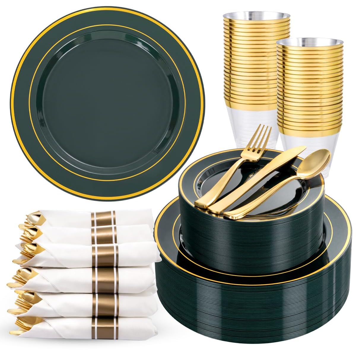 WDF Partyware 350Piece Gold Dinnerware Set for 50 Guests - Gold Plastic Plates with Disposable Cutlery - 50Dinner Plates-50Dessert Plates-50Pre Rolled Napkins with Silverware for Wedding/Thanksgiving