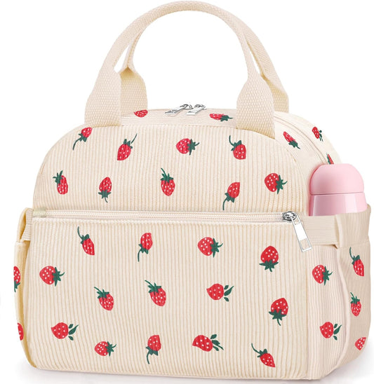 KUBYA Lunch Box for Women, Cute Strawberry Corduroy Insulated Lunch Bag Women Reusable Work Leakproof Simple Adults Large Lunch Boxes Tote Bag Men Cooler Bag