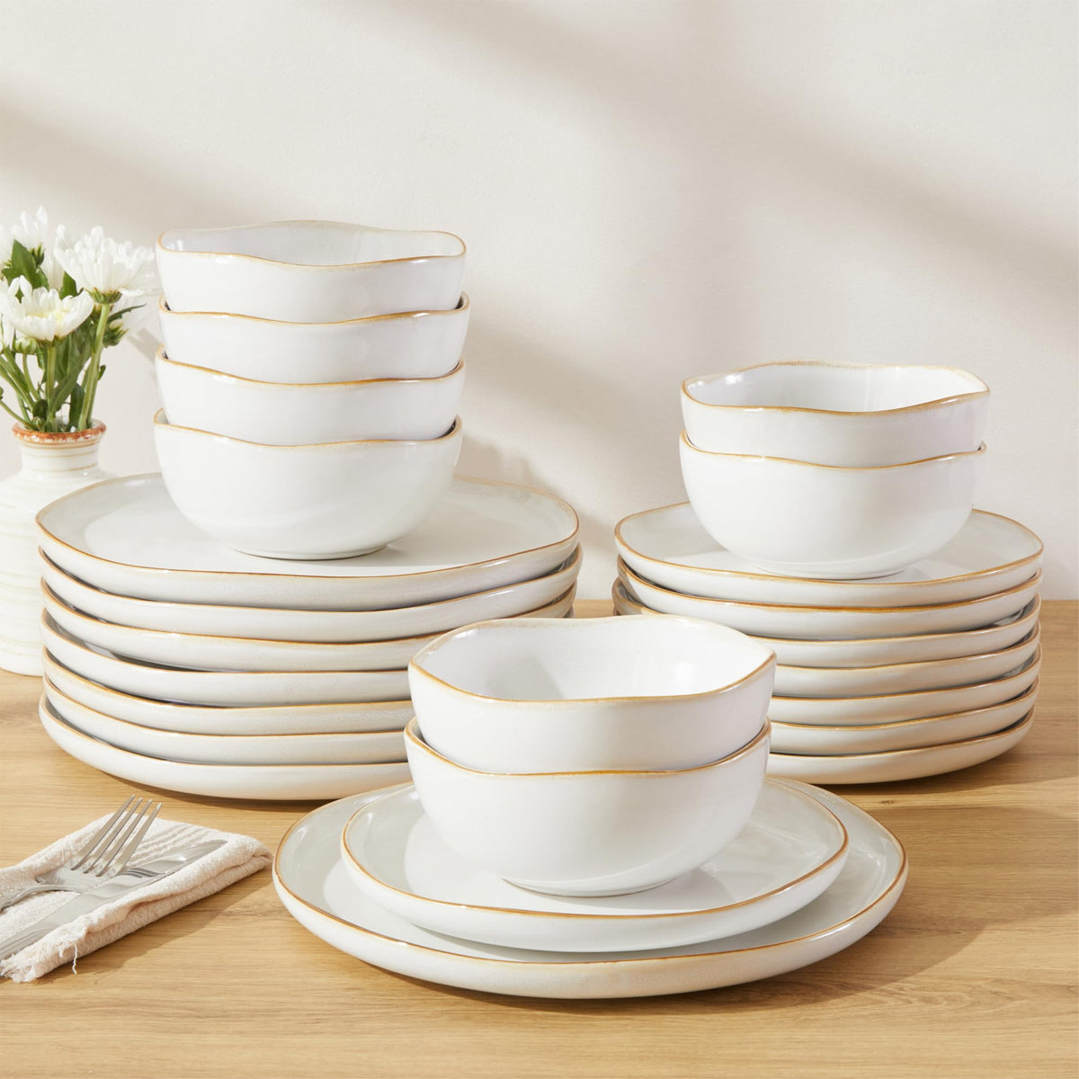 Pokini Stoneware Dinnerware Sets for 4, 12Pcs Ceramic Plates and Bowls Sets