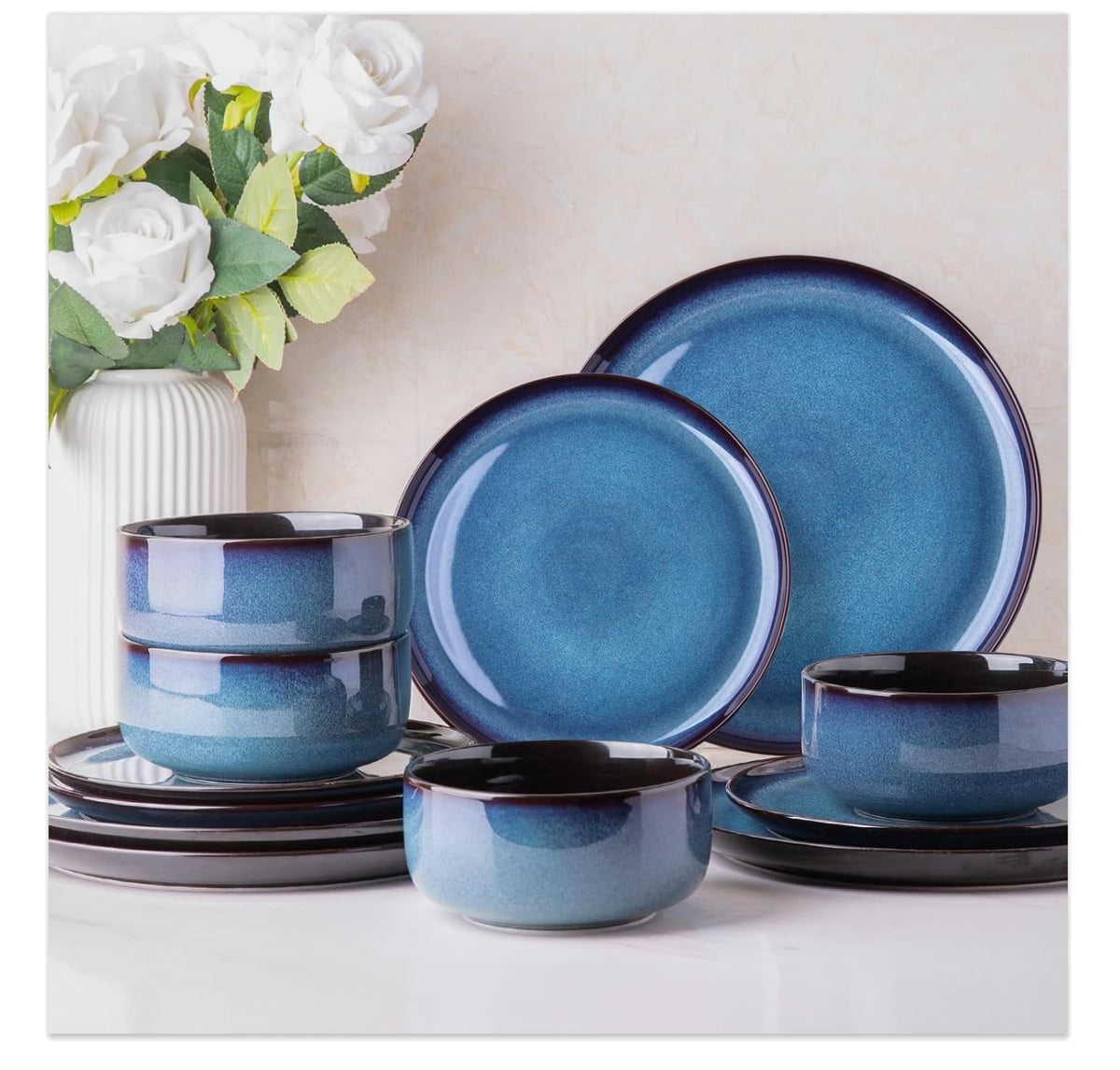 LeRatio Ceramic Dinnerware Sets for 4,12Pcs Porcelain Plates and Bowls Set