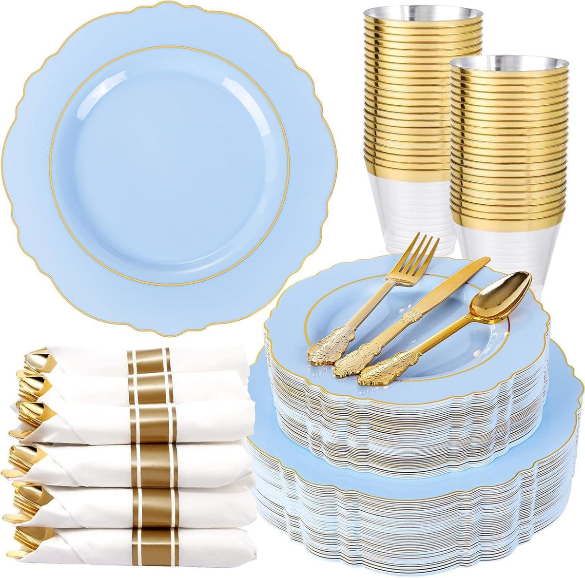 Liacere 350PCS Gold Plastic Plates-Disposable White and Gold Plates Baroque Plastic Dinnerware include 100Plates, 50Pack Pre Rolled Napkins with Silverware 50Cups for Wedding&Thanksgiving&Fall Party
