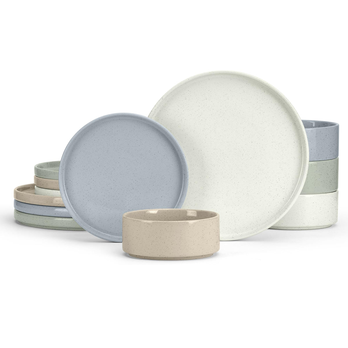 E-far Stoneware Dinnerware Sets, 12-Piece Black Plates and Bowls Set for 4