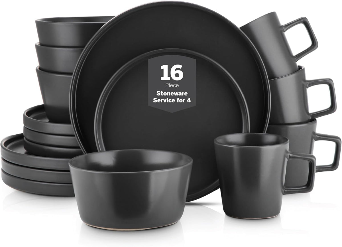 Stone Lain Celina Stoneware 16 Piece Dinnerware Set, Plates and Bowls, Black Matte Dish, Service for 4 – Minimalist Round Style, Microwave & Dishwasher Safe