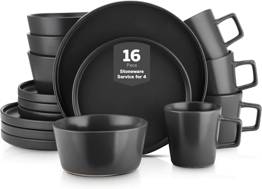 Stone Lain Celina Stoneware 16 Piece Dinnerware Set, Plates and Bowls, Black Matte Dish, Service for 4 – Minimalist Round Style, Microwave & Dishwasher Safe