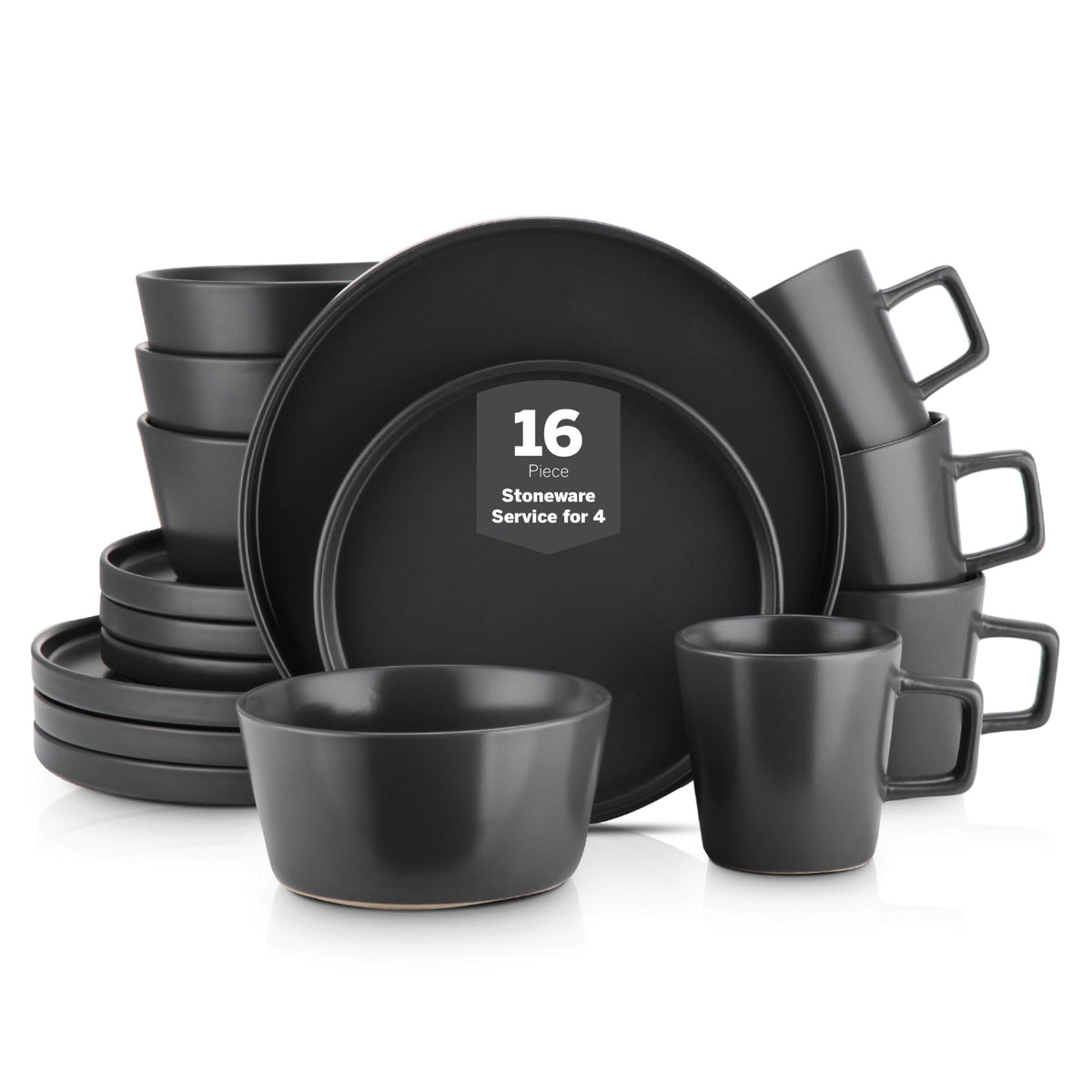 Stone Lain Celina Stoneware 16 Piece Dinnerware Set, Plates and Bowls, Black Matte Dish, Service for 4 – Minimalist Round Style, Microwave & Dishwasher Safe
