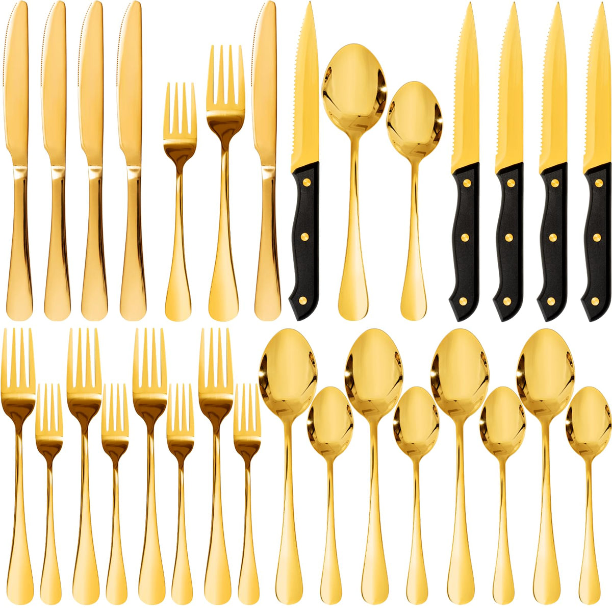 Astercook Silverware Set with Steak Knives 24-Piece Flatware Set for 4 Food-Grade Stainless Steel Cutlery Set Mirror Polished Utensils Set Include Spoons and Forks for Home Kitchen Restaurant
