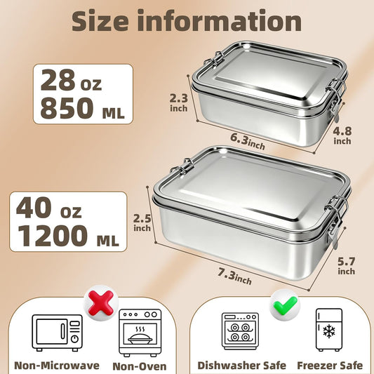Adult Stainless Steel Lunch Box, 40oz/1200ml Metal Bento Box Removable Dividers, Reusable Food Storage Containers with Lids Leak Proof for Travel, Work, Picnic, Home
