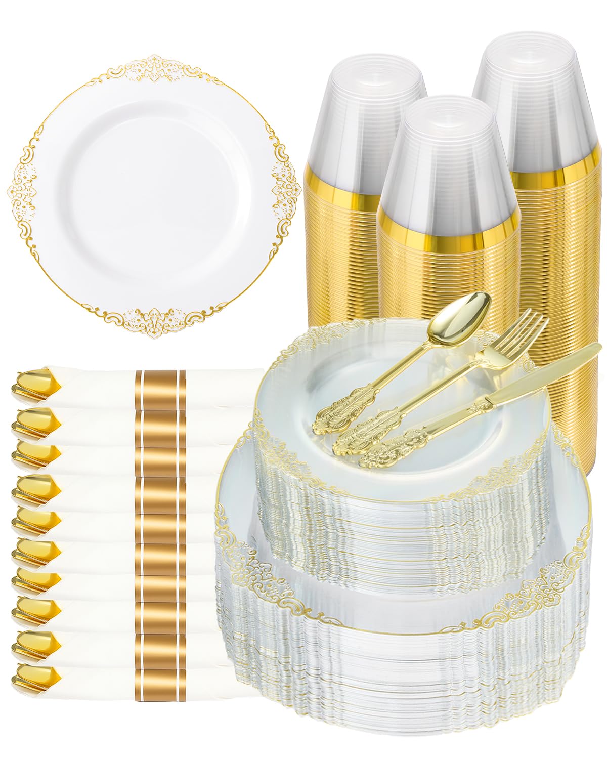 Goodluck 350 Piece Gold Plastic Dinnerware Set for 50 Guests