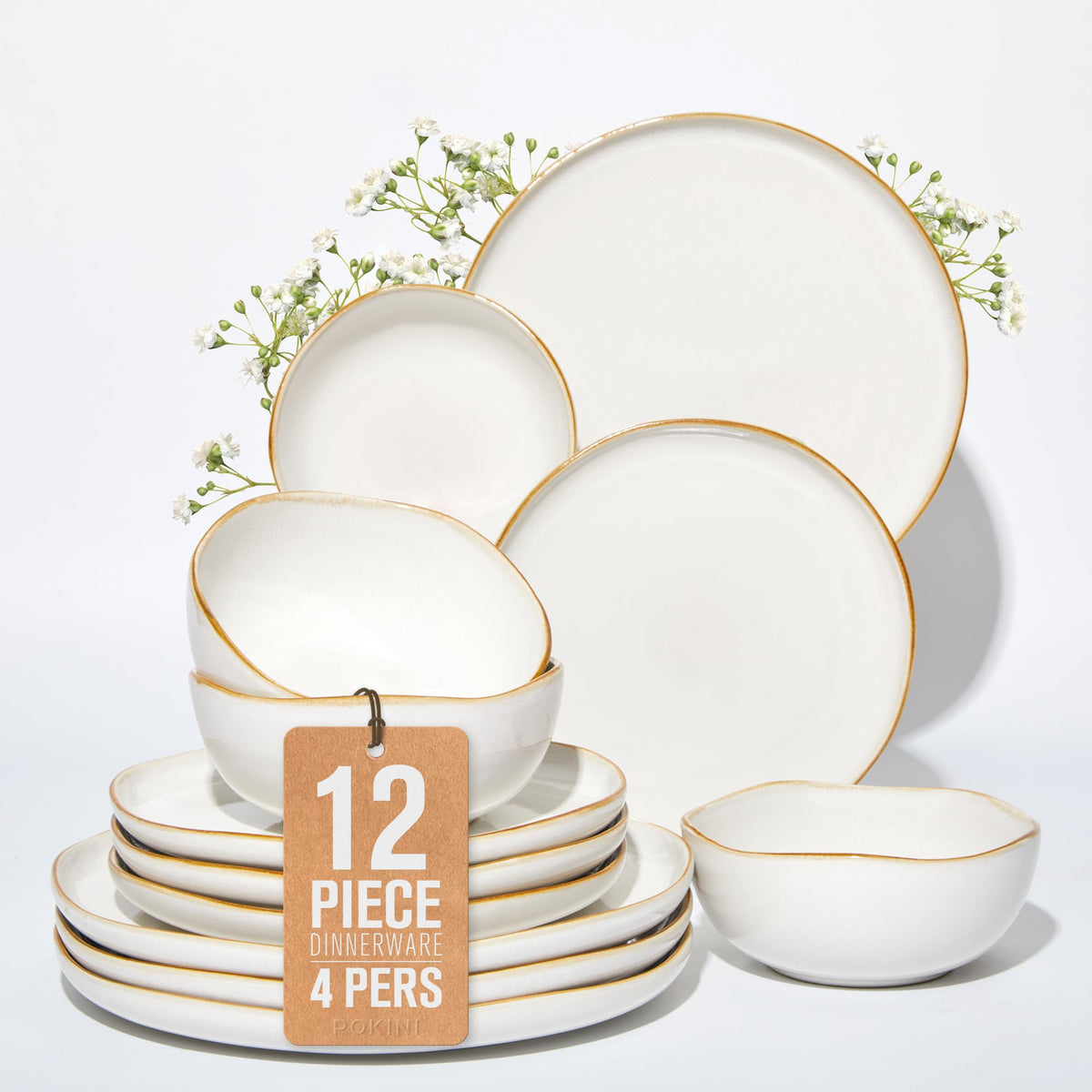 Pokini Stoneware Dinnerware Sets for 4, 12Pcs Ceramic Plates and Bowls Sets