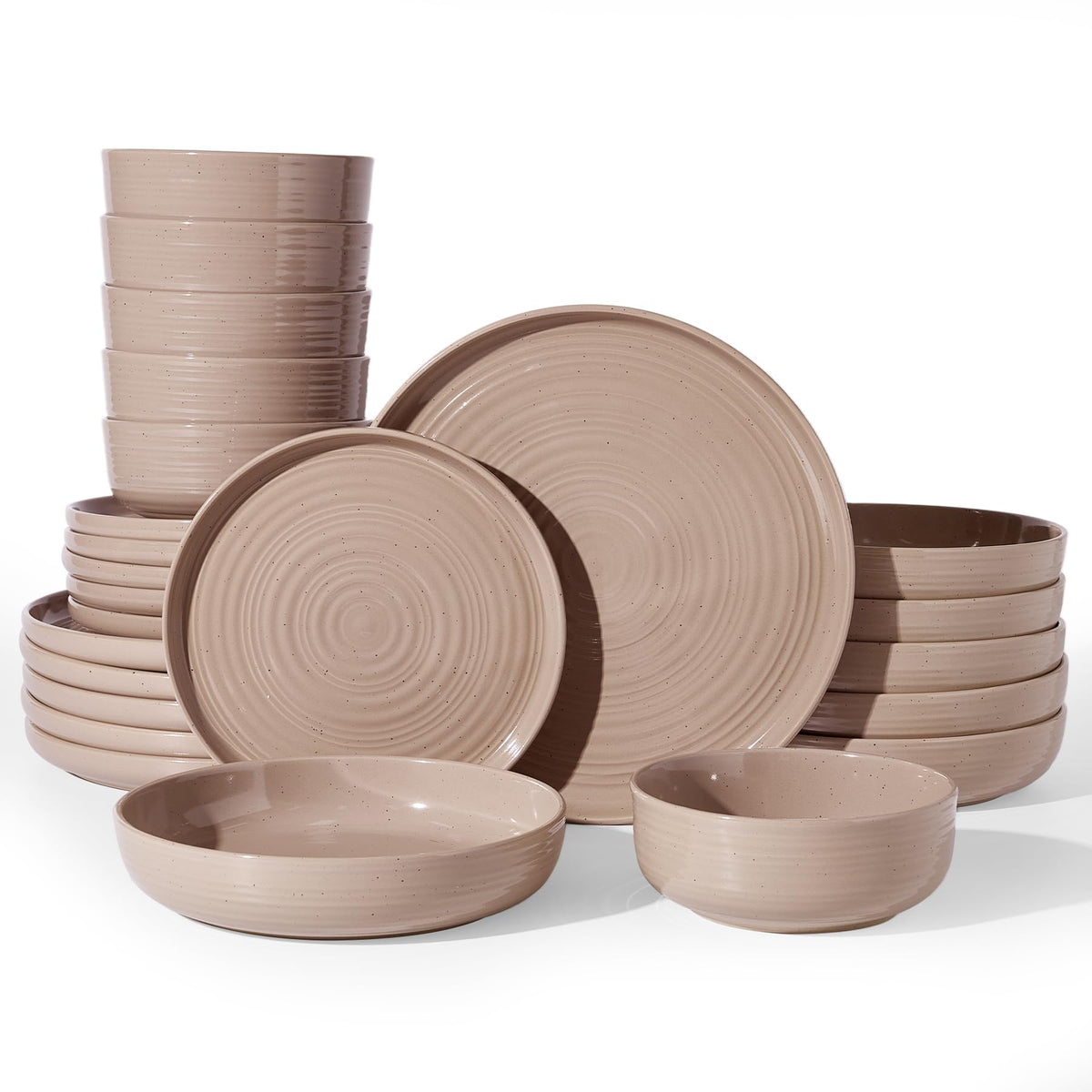 Stoneware Dinnerware Sets for 6, Plates and Bowls, Brown