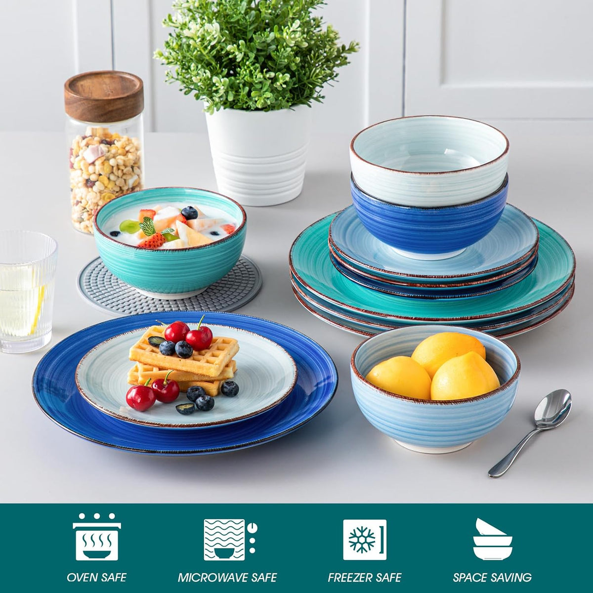 vancasso Bonita Dinnerware Sets 12 Pieces for 4, Ceramic Dishes Set Blue