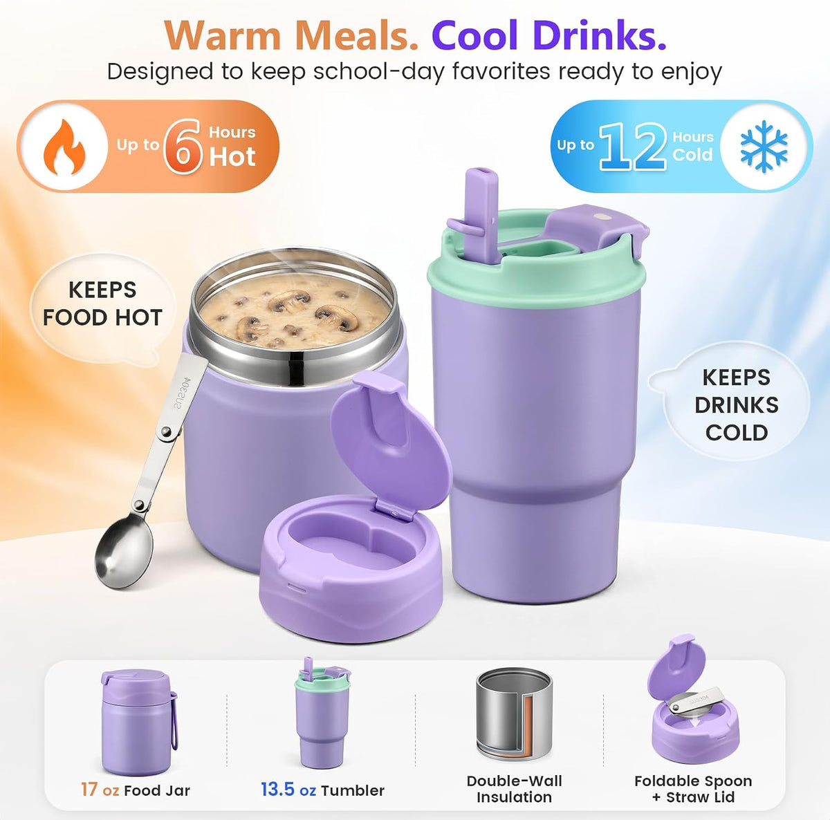 Pawtong Lunch Box Set with Bento Box Container, 17OZ Stainless Steel Food Soup Thermo, Kids Water Bottle & Portable Insulated Lunch Bag – Leakproof, Hot/Cold Retention for School, Travel (Purple)