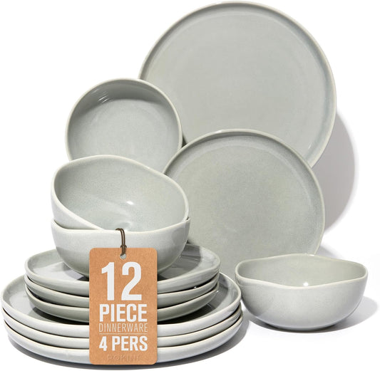Pokini Stoneware Dinnerware Sets for 4, 12Pcs Ceramic Plates and Bowls Sets