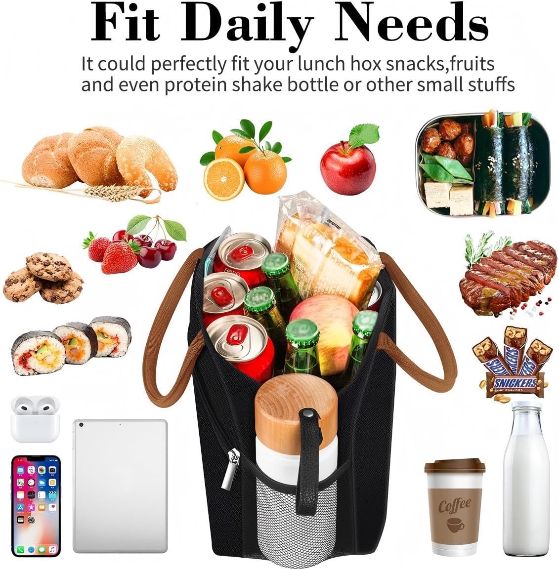 Coobiiya Lunch Box Lunch Bag for Women Men,Reusable Cute Lunch Pail bag,Leakproof,Insulated LunchBox Tote Compact 10L, Cooler Lunch Container for Work Travel Office (Black)