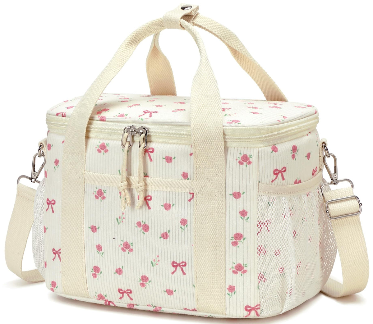 BTOOP Insulated Lunch Box for Women, Cute Leakproof Lunch Tote, Large Capacity Aesthetic Lunch Bag Girls with Shoulder Strap for Work, School, Picnic Pink Bow Floral