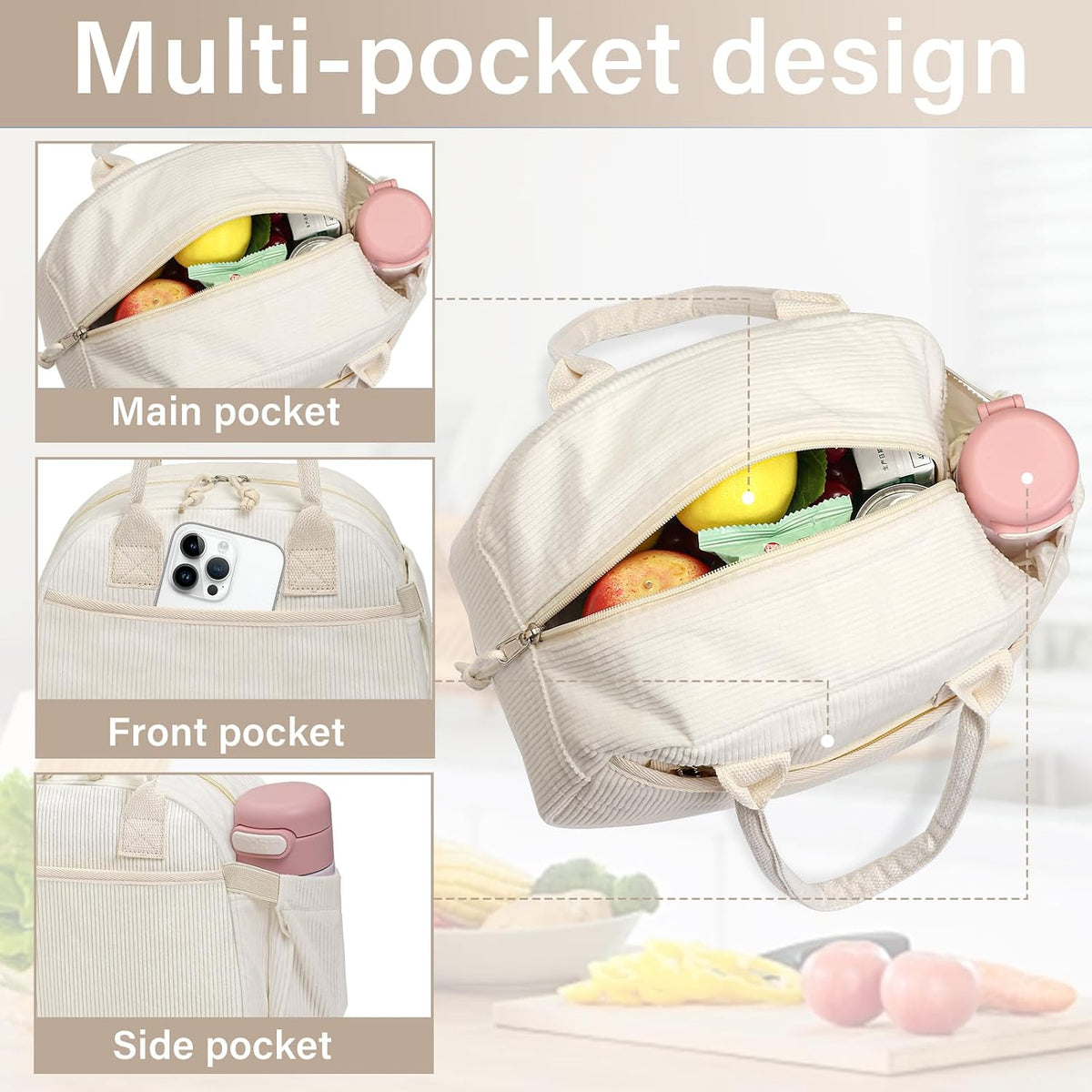Carry bloom Lunch Box for Women, Insulated Lunch Bag Cute Corduroy Lunchbox
