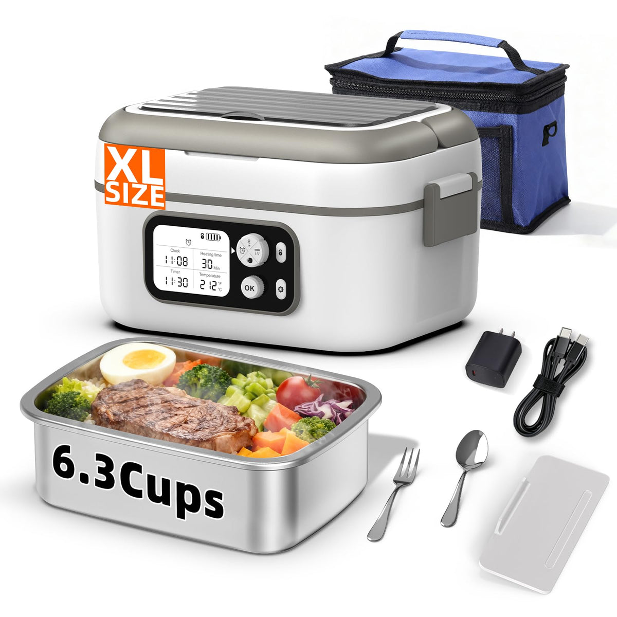 XL 6.3-Cups Cordless Electric Heated Lunch Box for Adults, 20000mAh Rechargeable Battery Powered Smart Self Heating Lunchbox for Men Women, 100W Food Warmer for Trucks Driver Travel Office Worker