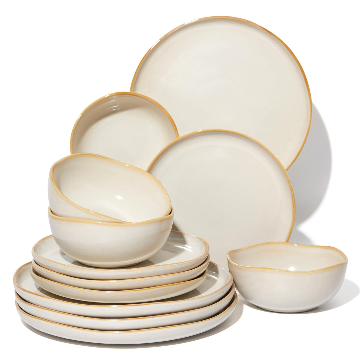 Pokini Stoneware Dinnerware Sets for 4, 12Pcs Ceramic Plates and Bowls Sets