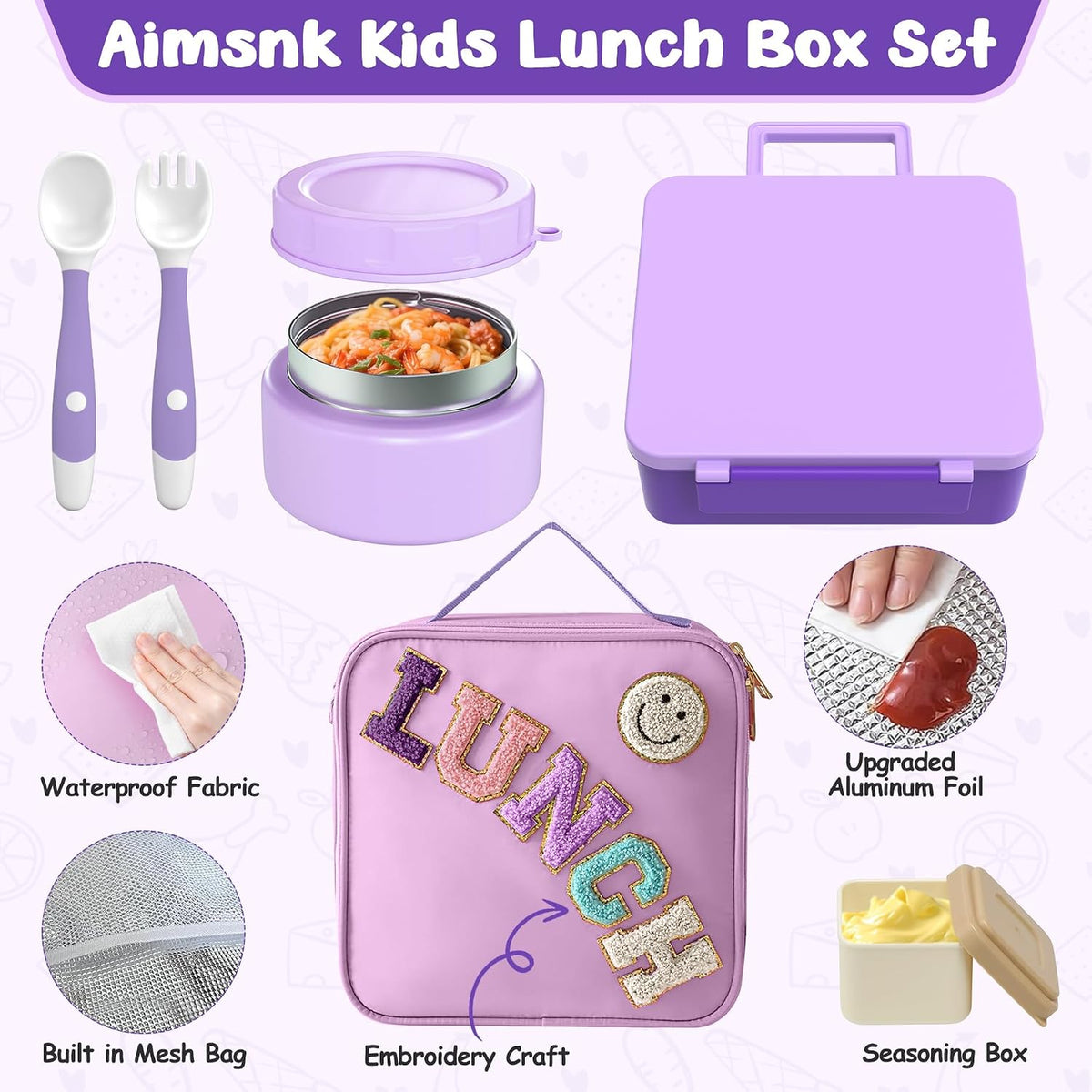 Aimsnk Lunch Box Kids with Thermo Insulated Lunch Bag for School, Purple