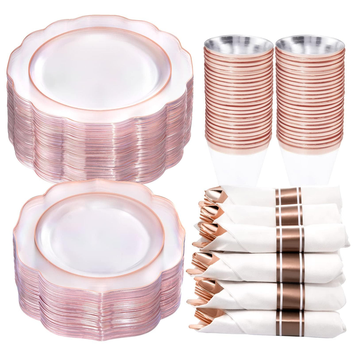 NOCCUR 175PCS Pink Plates with Gold Disposable Silverware - Include 50 Pink Plastic Plates,25 Knives,25 Forks,25 Spoons,25 Cups and 25 Napkins - Ideal for Party/Wedding/Banquet/Baby Shower
