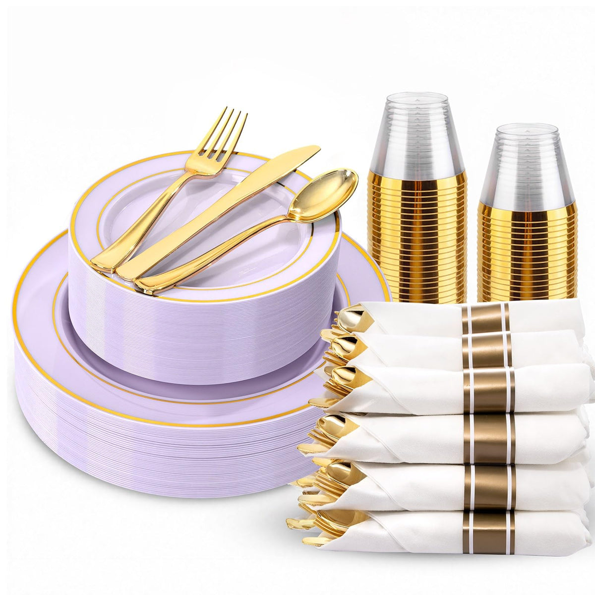 WDF Partyware 350Piece Gold Dinnerware Set for 50 Guests - Gold Plastic Plates with Disposable Cutlery - 50Dinner Plates-50Dessert Plates-50Pre Rolled Napkins with Silverware for Wedding/Thanksgiving