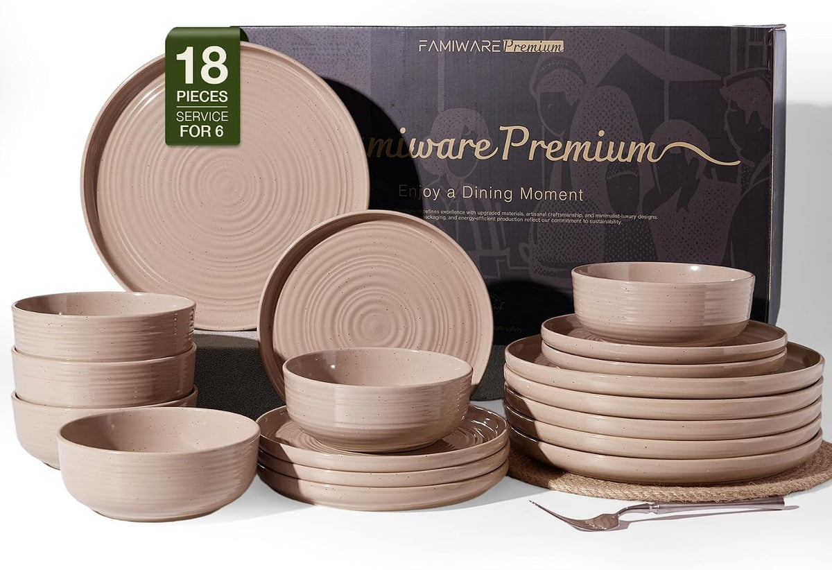 Stoneware Dinnerware Sets for 6, Plates and Bowls, Brown