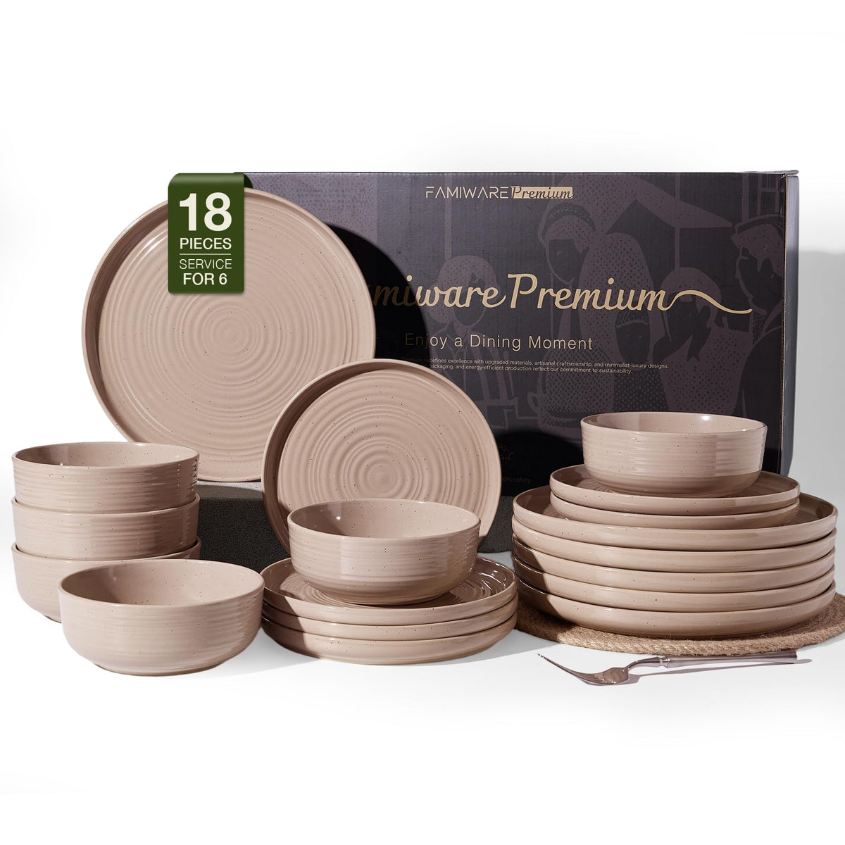 Stoneware Dinnerware Sets for 6, Plates and Bowls, Brown