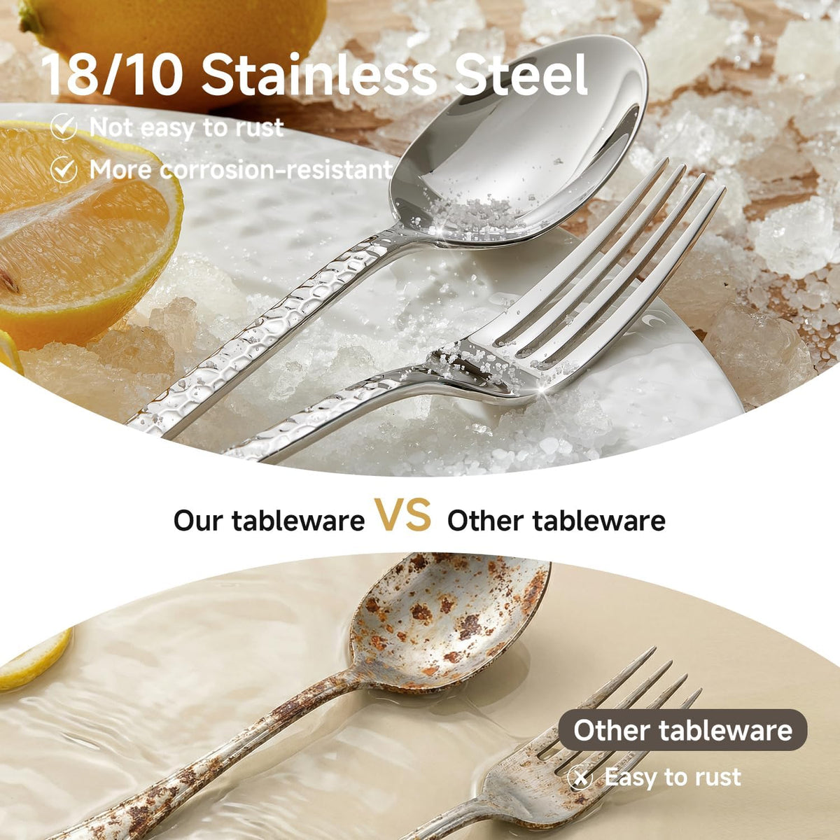 20 Piece Hammered Silverware Set, 18/10 Stainless Steel Flatware Set for 4