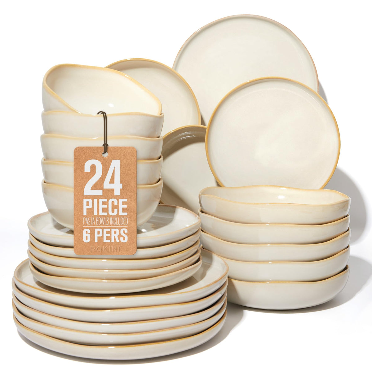 Pokini Stoneware Dinnerware Sets for 4, 12Pcs Ceramic Plates and Bowls Sets