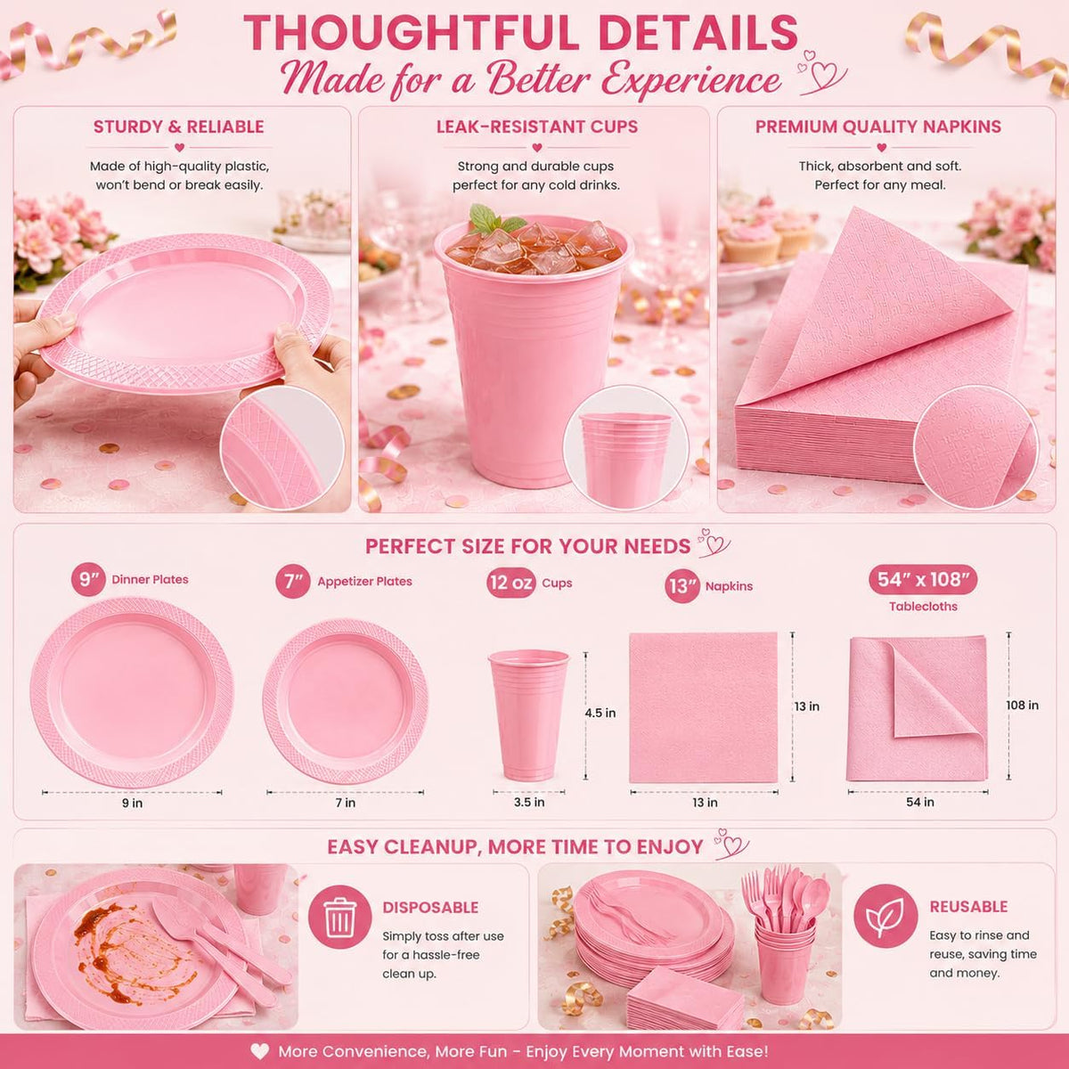 Tinybee 352 Pcs Pink Plastic Plates, Disposable Dinnerware Set for 50