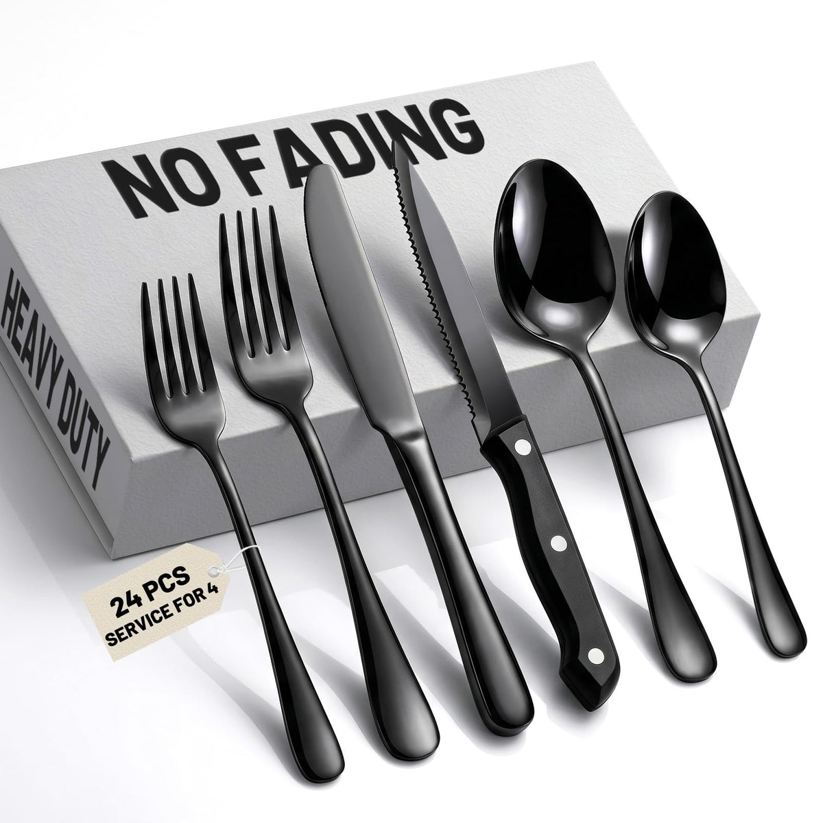 72 PCS NO-FADING Black Silverware Set with Steak Knives-Flatware for 12