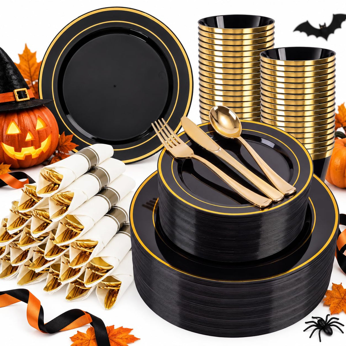 WELLIFE 50 Guests Dinnerware Sets, Gold Plastic Plates，Platos Para Fiestas Elegantes Desechables Include:50 Dinner Plates, 50 Dessert Plate, 150 Pcs Gold Plastic Silverware, 50 Cups for Party