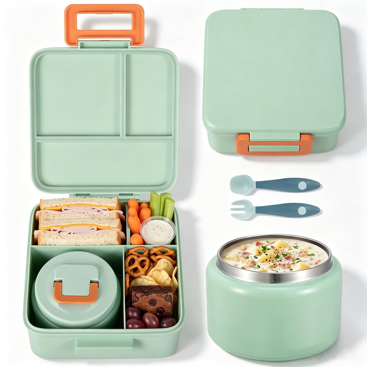 MAISON HUIS Bento Lunch Box with 8oz Soup Thermo and Insulated Lunch Bag, Kids Leakproof Lunch Food Containers with 5 Compartment, Boys Girls Thermo Hot Food Jar for Travel, School, BPA Free (Black)