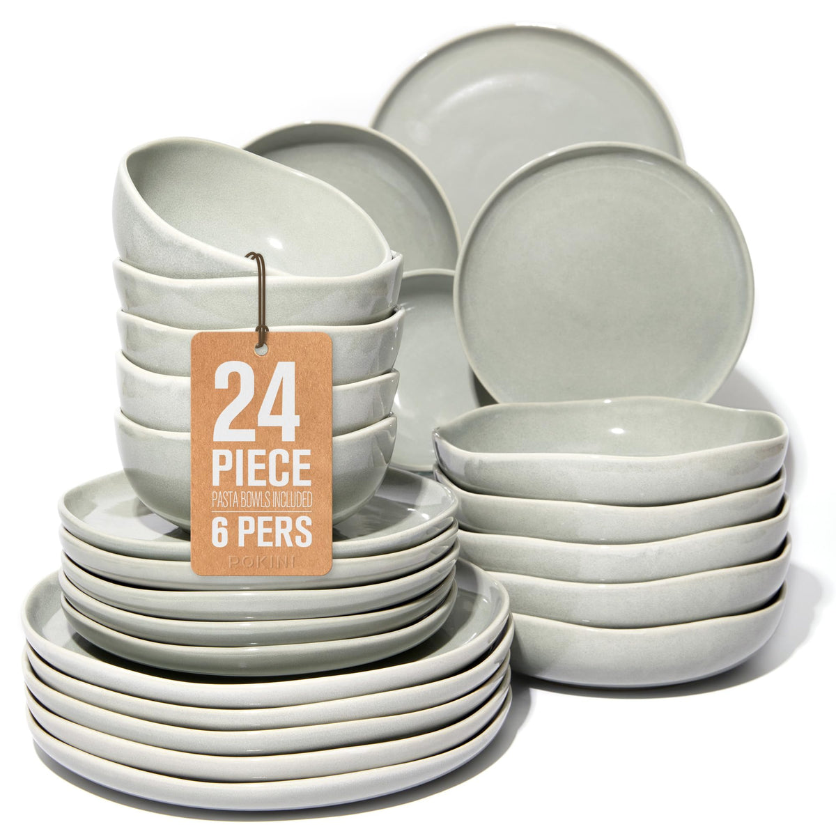 Pokini Stoneware Dinnerware Sets for 4, 12Pcs Ceramic Plates and Bowls Sets
