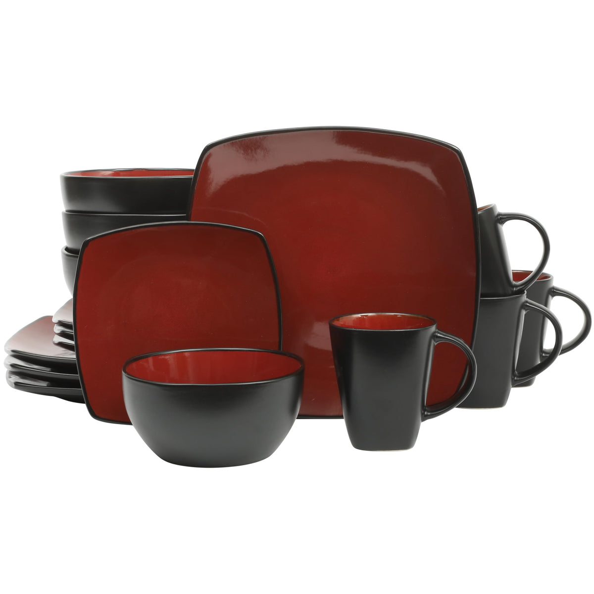 Gibson Elite Soho Lounge Square 16-Piece Dinnerware Set, Service for 4, Reactive Glaze Stoneware Plates and Bowls, Modern Dishes, Microwave & Dishwasher Safe – Red and Black