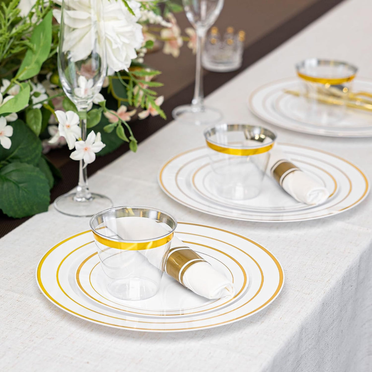 N9R 350PCS White and Gold Plastic Plates, Disposable Dinnerware Set