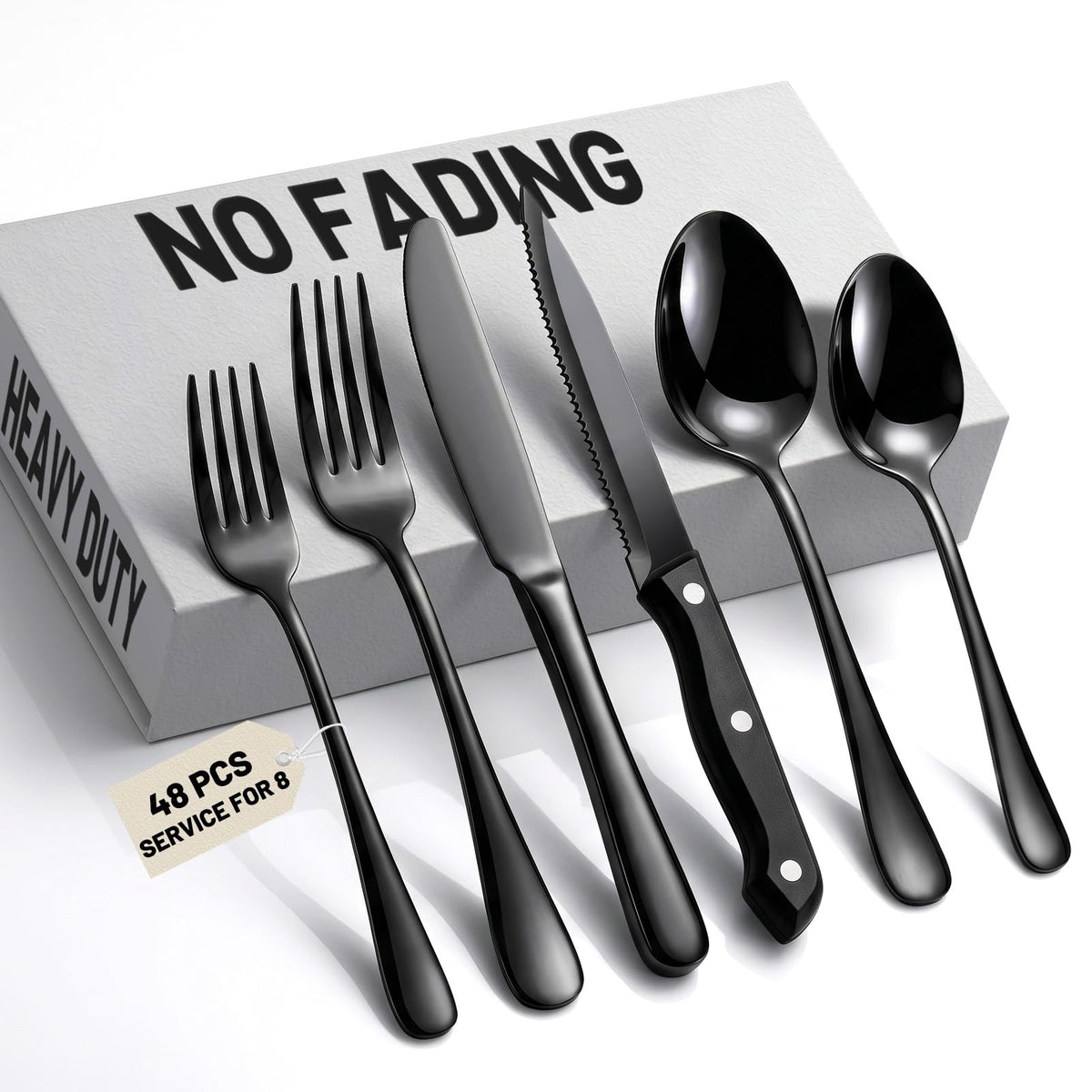 72 PCS NO-FADING Black Silverware Set with Steak Knives-Flatware for 12