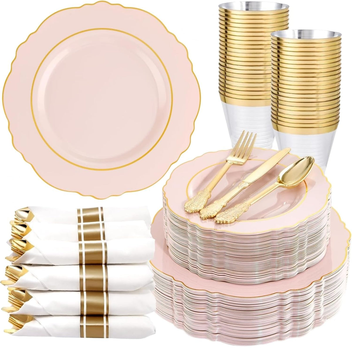 Liacere 350PCS Gold Plastic Plates-Disposable White and Gold Plates Baroque Plastic Dinnerware include 100Plates, 50Pack Pre Rolled Napkins with Silverware 50Cups for Wedding&Thanksgiving&Fall Party