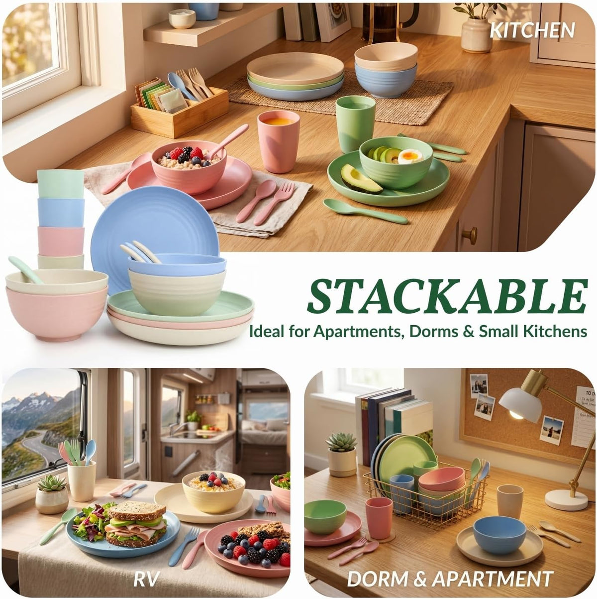 Homienly Wheat Straw Dinnerware Sets 20 PCS Plates and Bowls Sets Microwave and Dishwasher Safe Dish Set Unbreakable Camping Dish Set Cups and Plates Sets for Kitchen, Picnic, RV (Multilight)