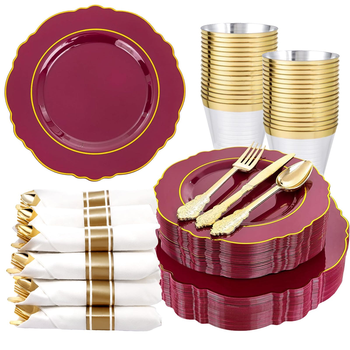 Liacere 350PCS Gold Plastic Plates-Disposable White and Gold Plates Baroque Plastic Dinnerware include 100Plates, 50Pack Pre Rolled Napkins with Silverware 50Cups for Wedding&Thanksgiving&Fall Party