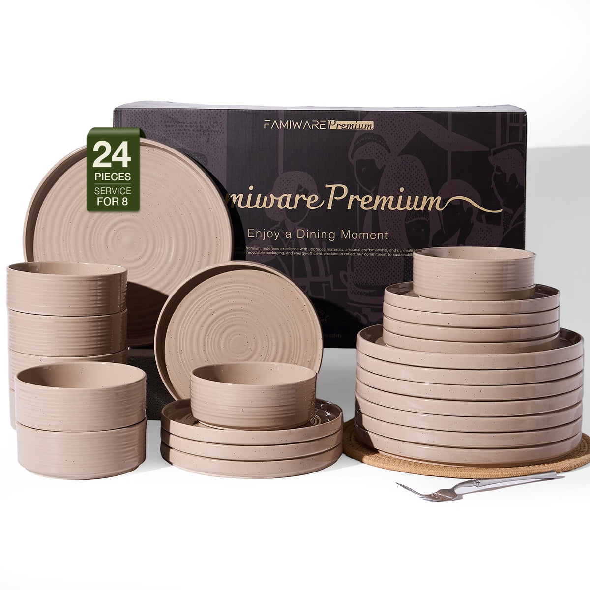 Stoneware Dinnerware Sets for 4, Reactive Glaze Plates & Bowls, Shell Beige