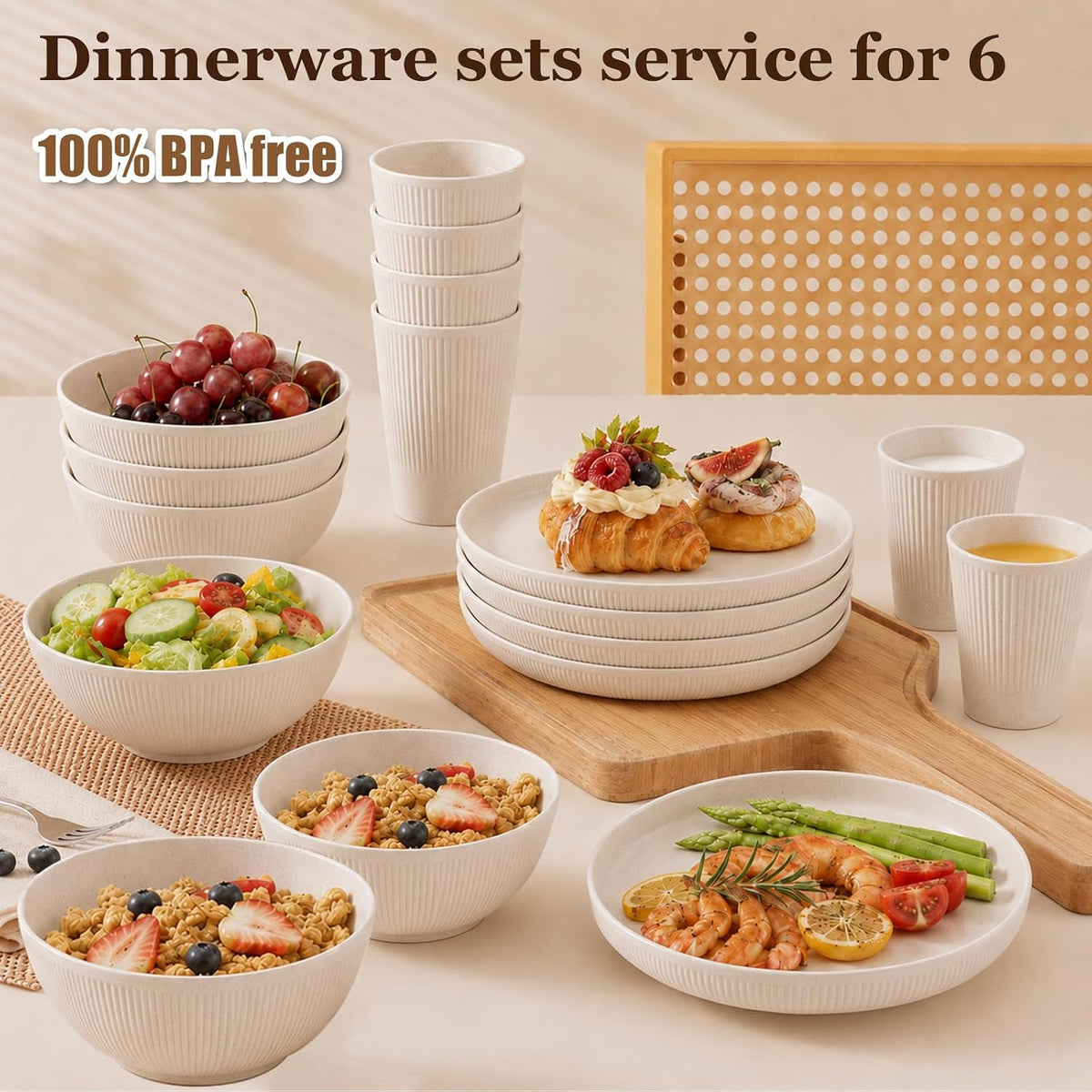 18PCS Wheat Straw Dinnerware Sets Unbreakable Reusable Dinnerware Set for 6, Microwave Dishwasher Safe Dinnerware for Outdoor Camping Dishes