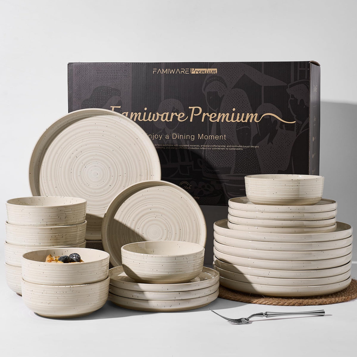 Stoneware Dinnerware Sets for 4, Reactive Glaze Plates & Bowls, Shell Beige