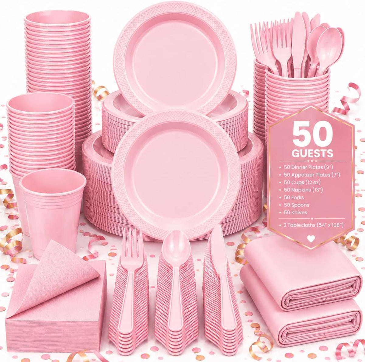 Tinybee 352 Pcs Pink Plastic Plates, Disposable Dinnerware Set for 50