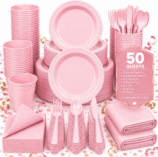 Tinybee 352 Pcs Pink Plastic Plates, Disposable Dinnerware Set for 50