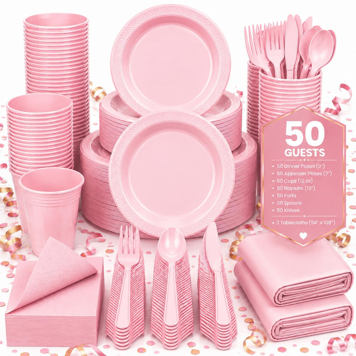 Tinybee 352 Pcs Pink Plastic Plates, Disposable Dinnerware Set for 50