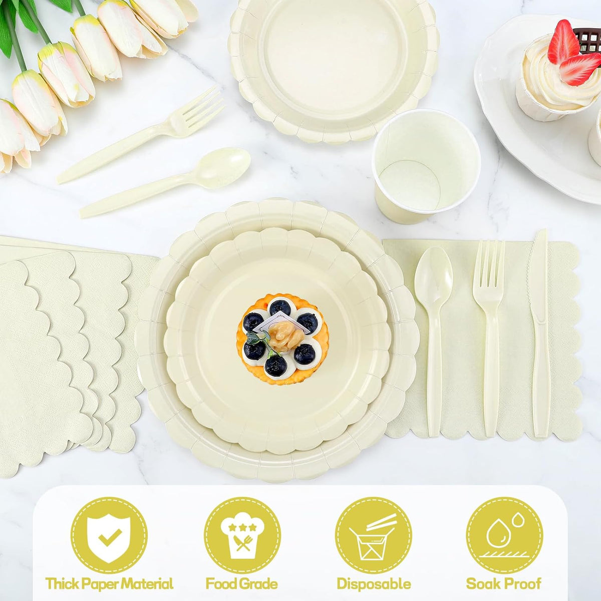 25 Set Party Plates and Cups and Napkins Ivory Scalloped Dinnerware